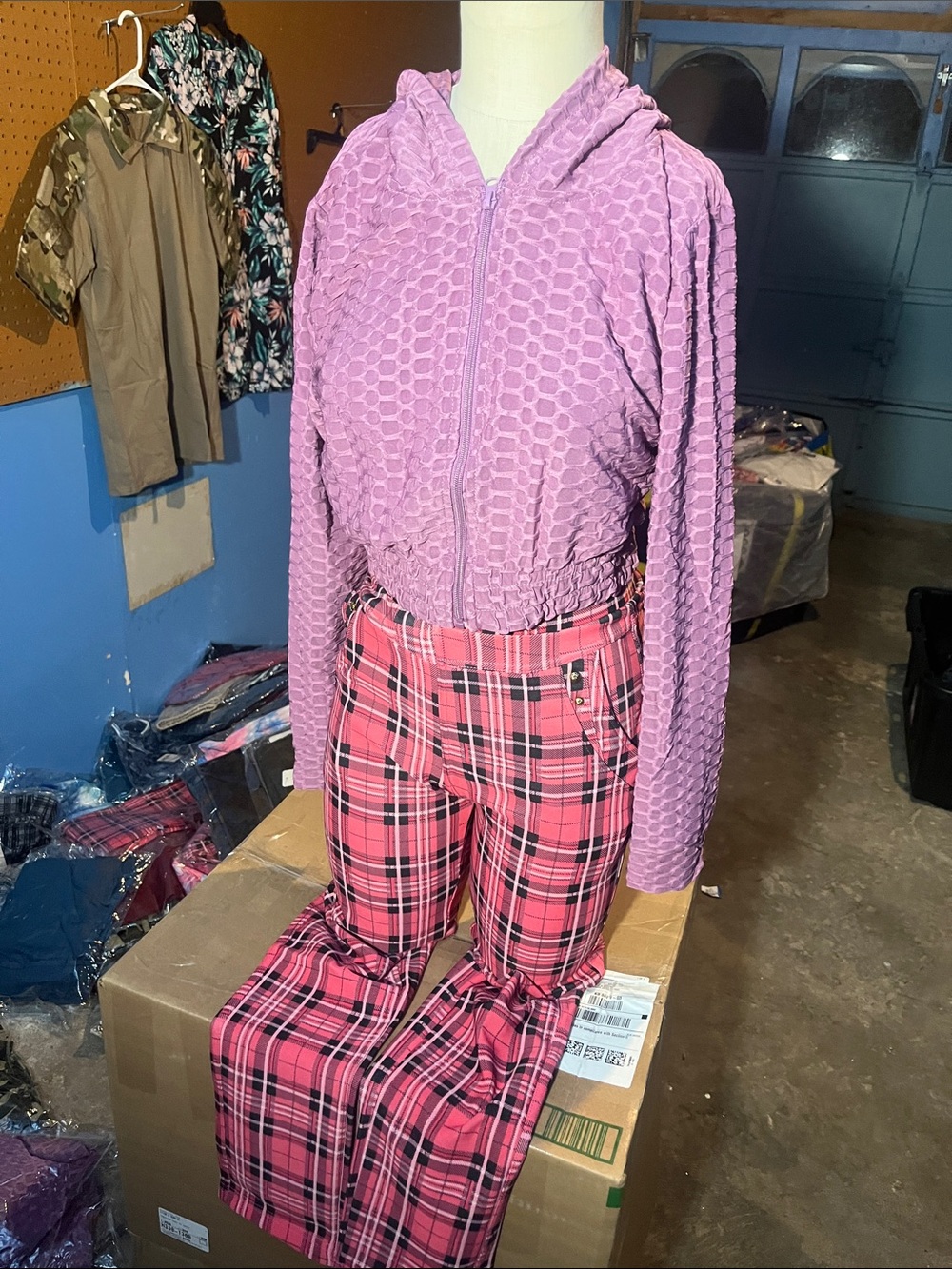 2 pieces .High-Rise Pink Plaid Wide-Leg Pants for Women